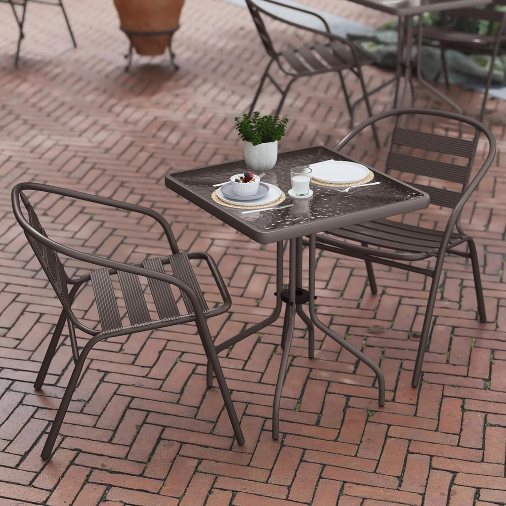 Lila 23.5'' Square Glass Table with 2 Bronze Slat Stack Chairs Set