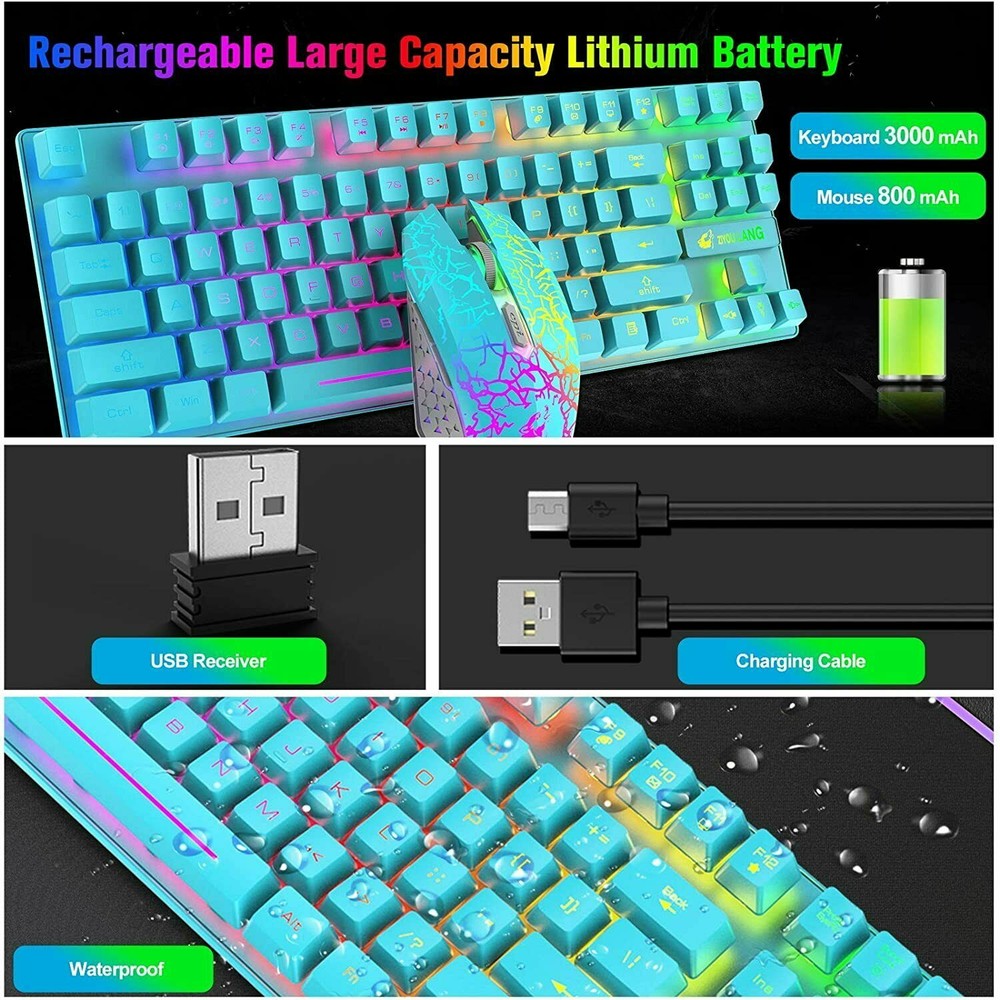 US Rechargeable Wireless Gaming Keyboard Mouse Combo 87 Key Rainbow LED Backlit