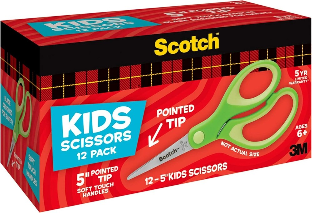 Scotch 5" Soft Touch Pointed Tip Kids Scissors, 12 Count Teacher’s Pack, Green