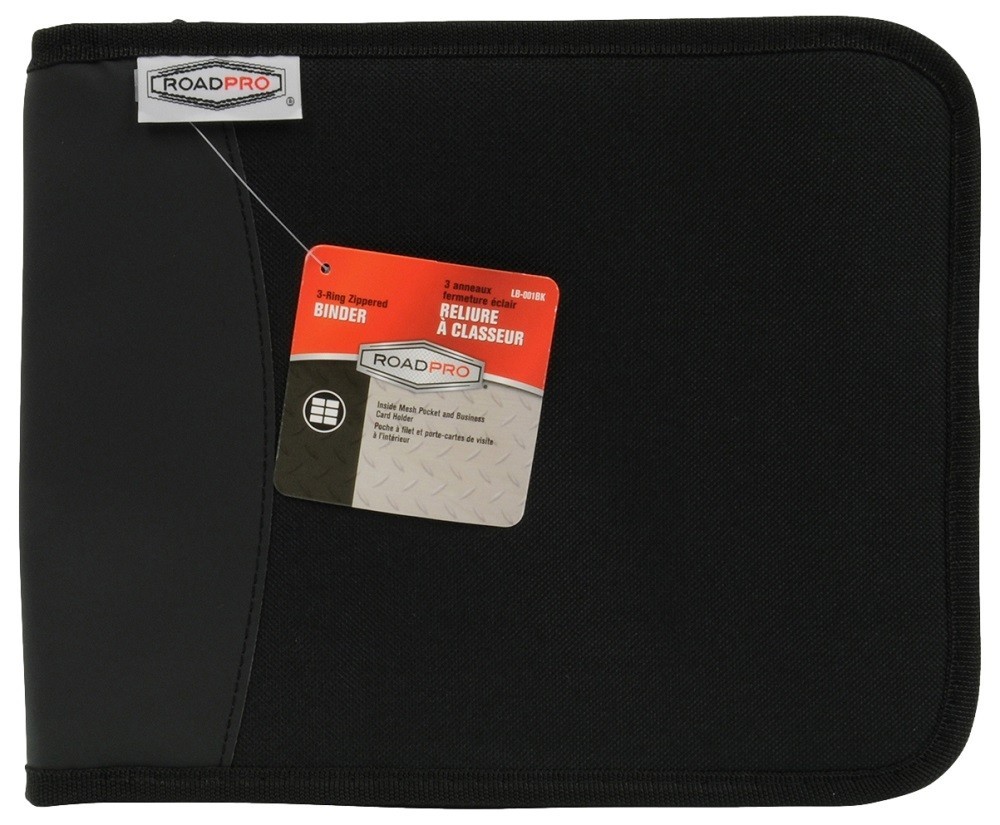 RoadPro LB-001BK Zippered 3‑Ring Log Binder Black Document Organizer