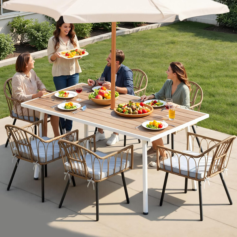 Patio Table Rectangle 59" for 6 Outdoor Table with Umbrella Hole & Adjustable Fe