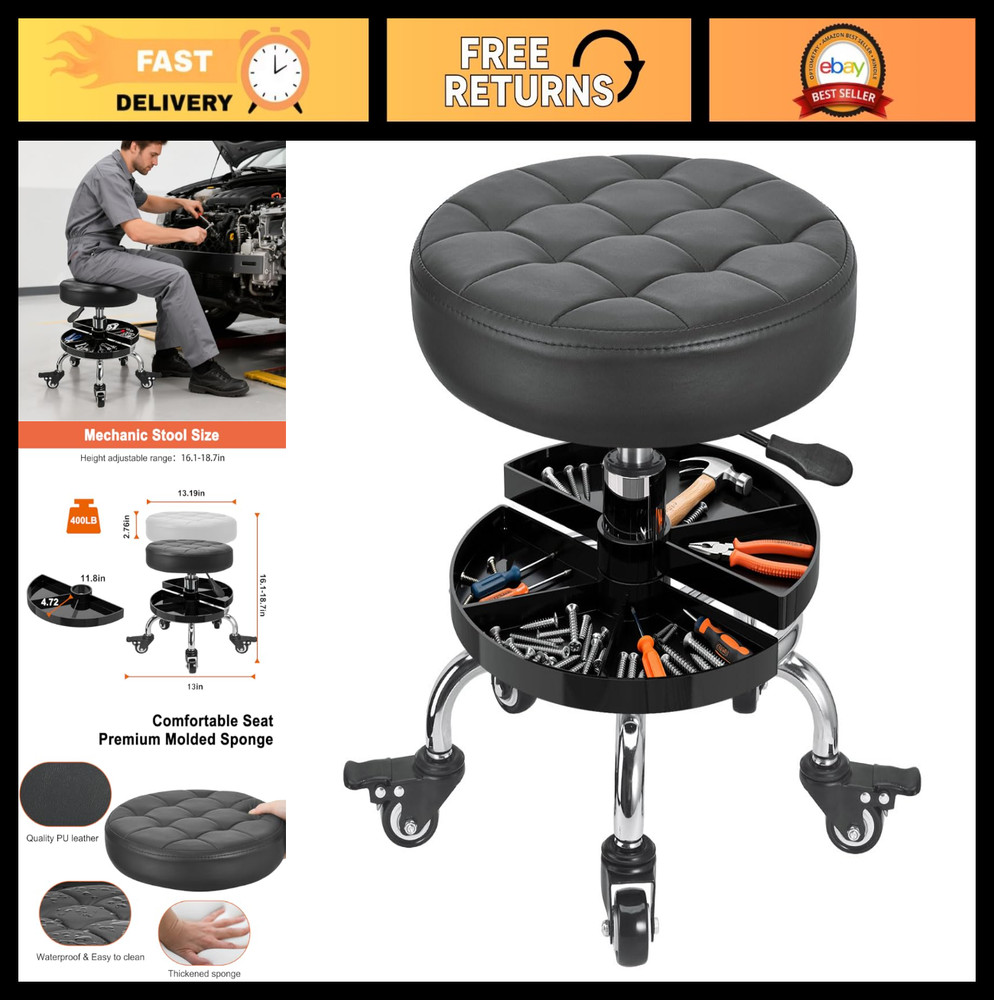 Adjustable Rolling Mechanic Stool with Storage Tray, Low Height Shop Chair, Work