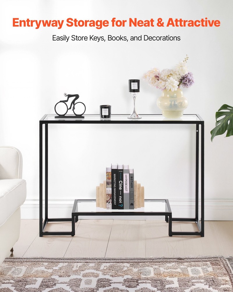[New]2-Tier Glass Console Table, Modern Rectangle Sofa Side Table with Tempered