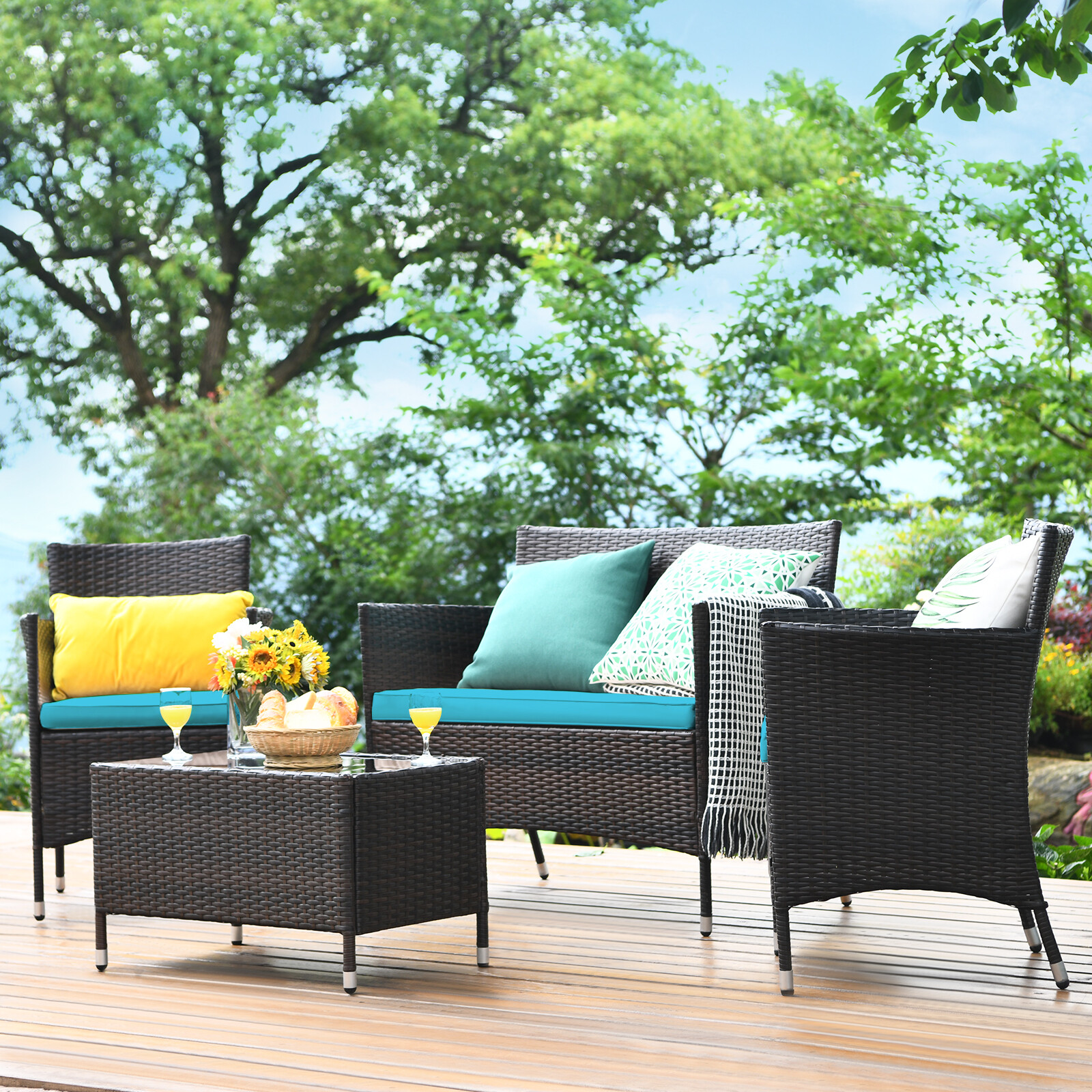 Patiojoy 4PCS Rattan Patio Furniture Set Cushioned Sofa Chair W/ TableTurquoise