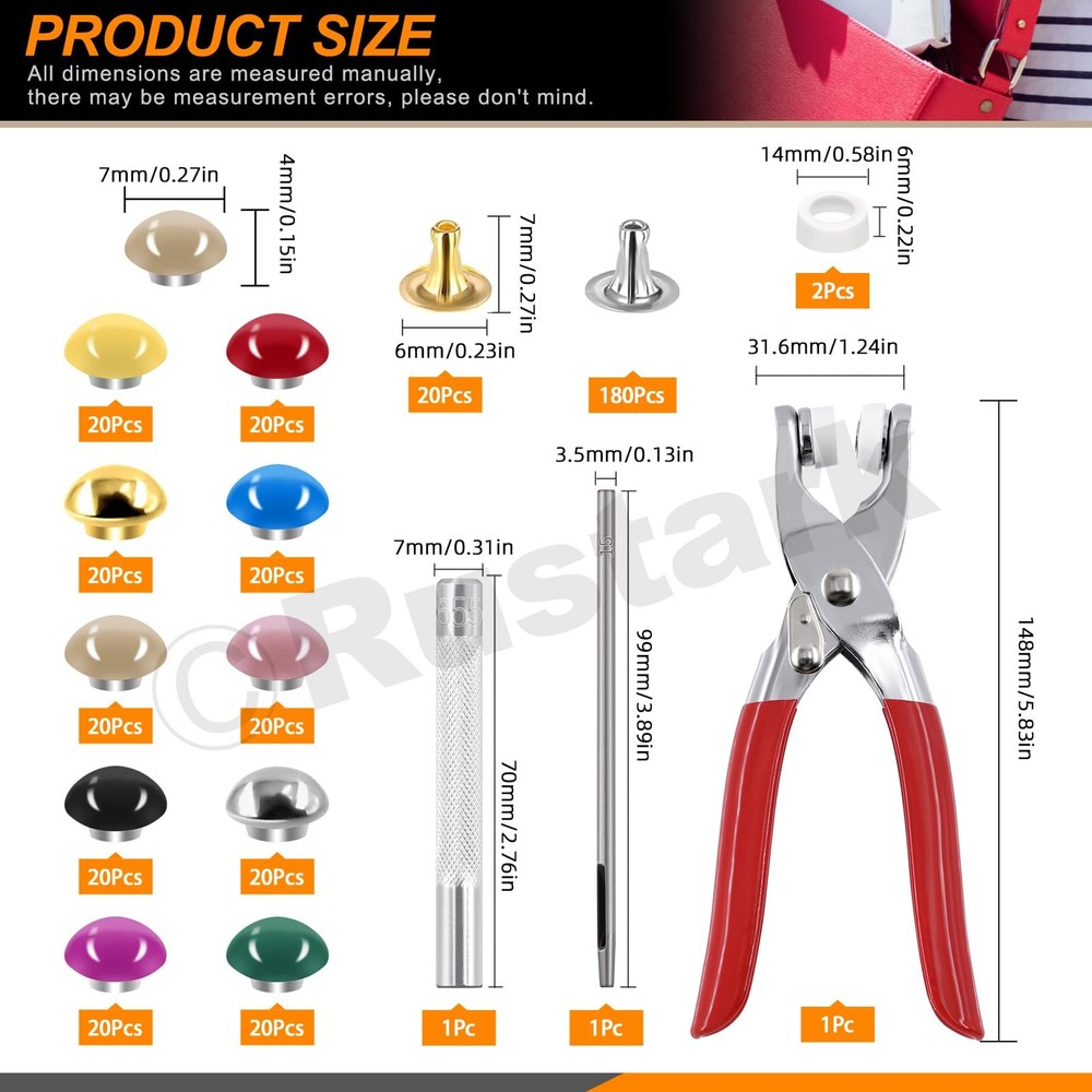 200 Sets 7mm Double Round Cap Leather Rivets with 5Pcs Fixing Tools Kit, 10 C