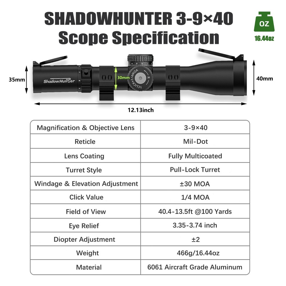 3-9x40 Rifle Scope with Mil-Dot Reticle, Zero Reset and Pull-Lock Turrets