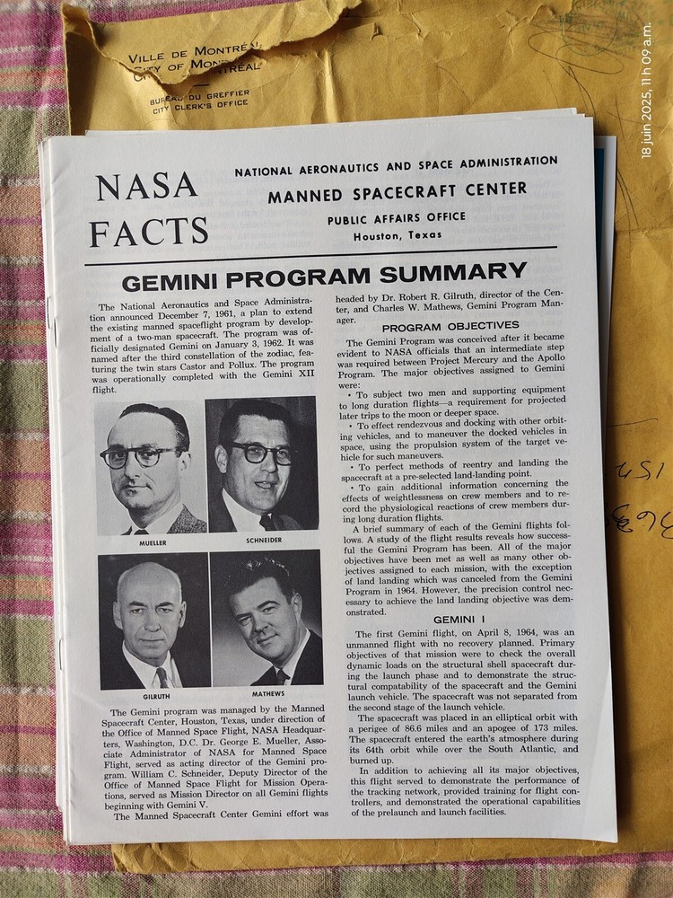 ORIGINAL NASA FACTS PHAMPHLET GEMINI PROGRAM SUMMARY