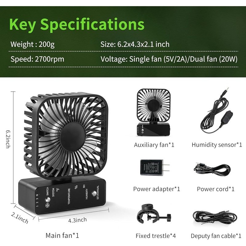 Dual Fan Plant Growth System Real Time Humidity Control Adjustable Airflow 2Pack