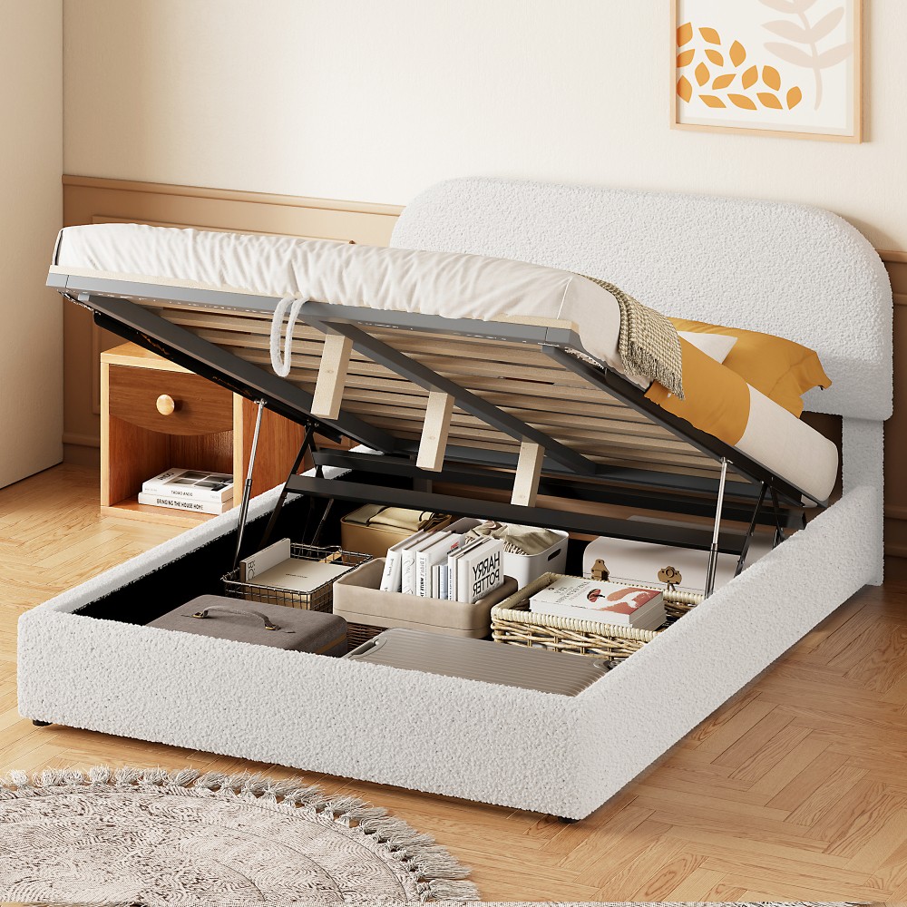 Teddy Fleece Full Size Upholstered Platform Bed with Hydraulic Storage System,