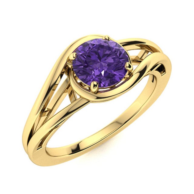 Solitaire 5MM Round Amethyst 925 Sterling Silver Gold Plated Split Shank Ring