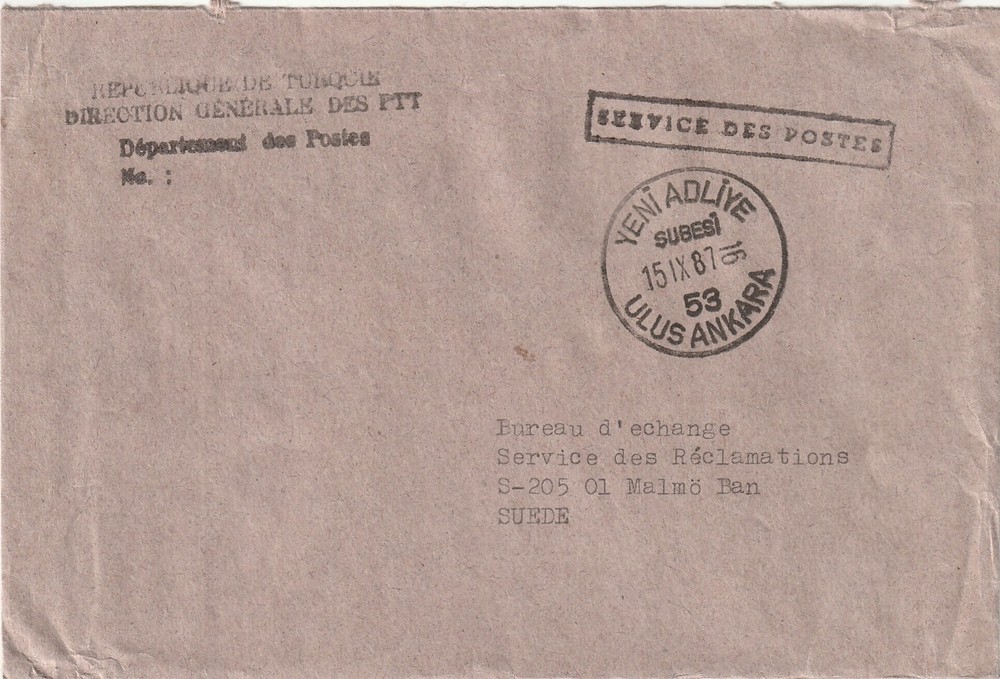 TURKEY: Postal envelope Ankara 1987.