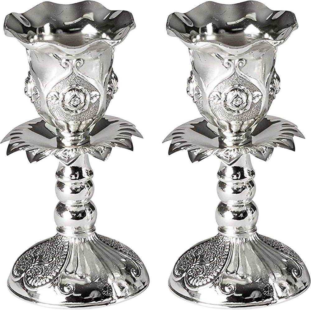 Silver Plated Candlesticks, Pair of 4 Inch Ornate Candle Holders with round Base