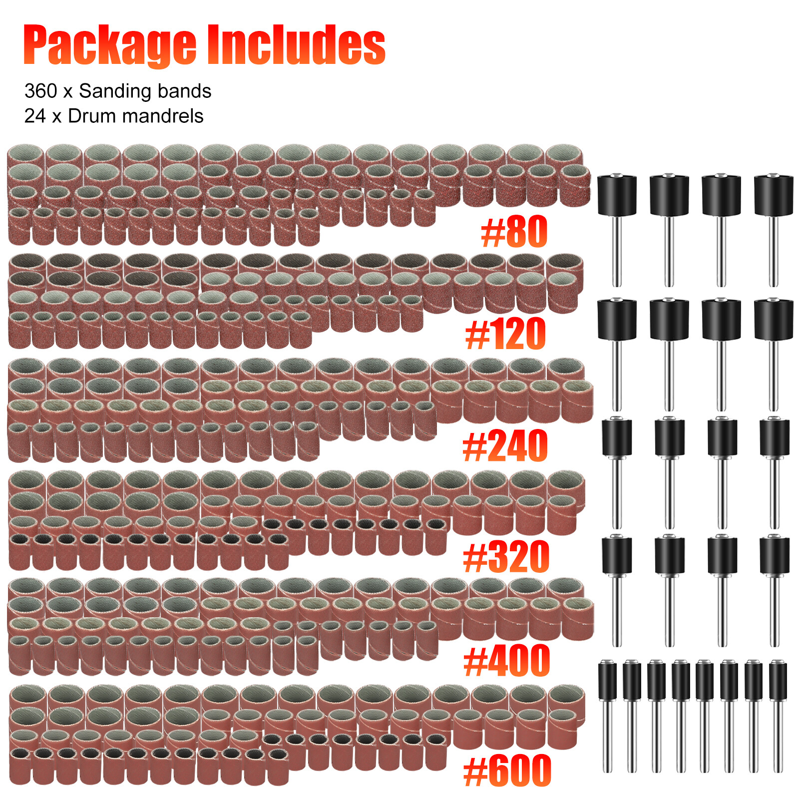 384 Pieces Sanding Drum Kit Sander Sleeves With Mandrels for Dremel Rotary Tool