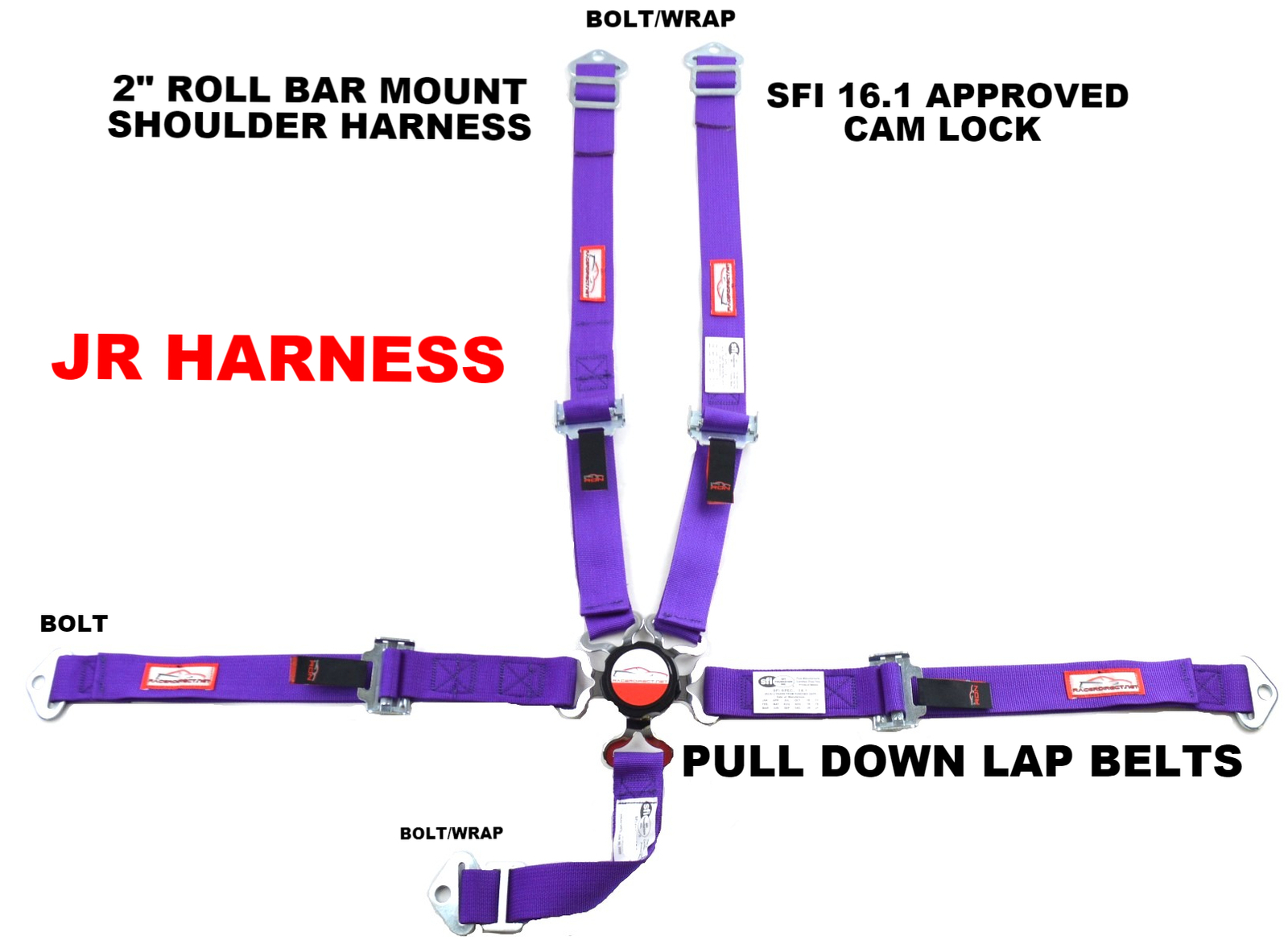 JR DRAGSTER RACE HARNESS PURPLE SFI 16.1 CAM LOCK INDIVIDUAL ROLL BAR MOUNT