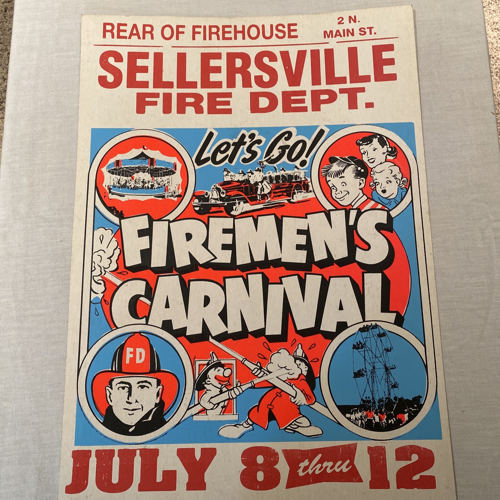 Vintage Sellersville Maryland Fire Dept 1990's Firemens Carnival Poster Globe Co