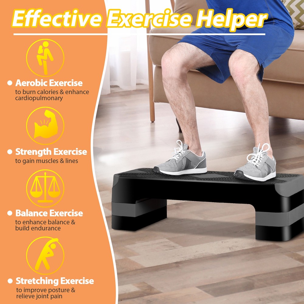 Adjustable 27" Aerobic Step Exercise Non-Slip Platform Stepper 4" - 8" Grey