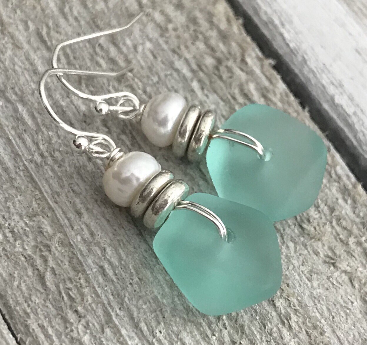 Min Favorit Turquoise Bay Sea Glass, Freshwater Pearl & Silver Pl Drop Earrings
