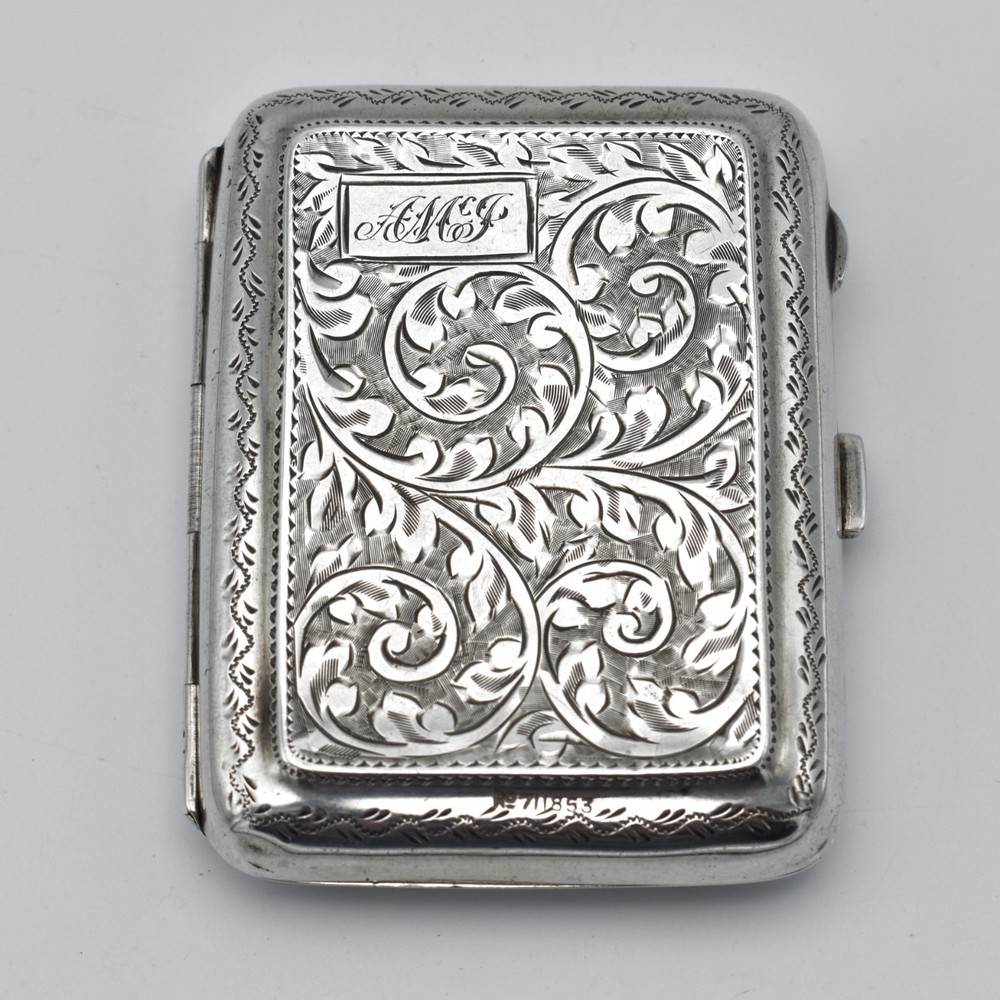 Antique Sterling Silver Cigarette Case 1924 Patterned Acanthus Scroll Engraved
