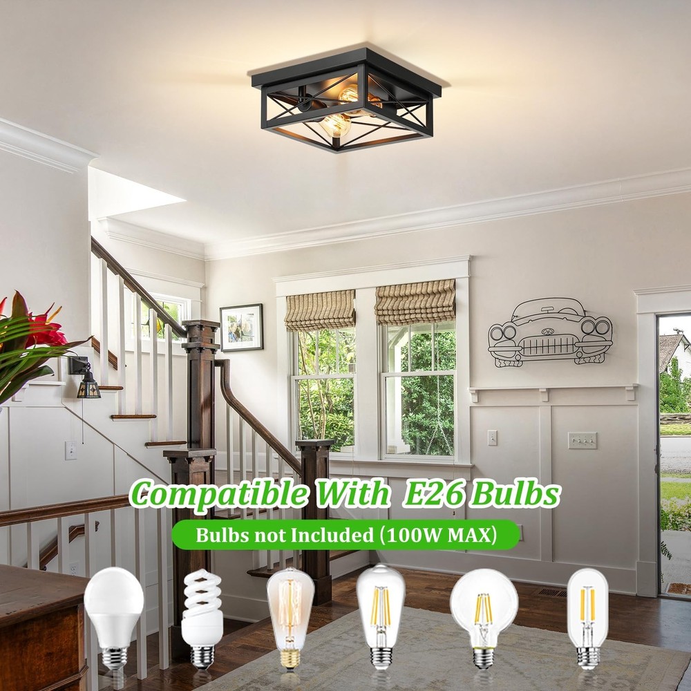 2-Light Industrial Square Flush Mount Ceiling Light, Farmhouse Ceiling Light ...