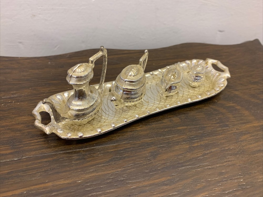 Vintage Miniature Tea/Coffee Set on Tray Silver Metal