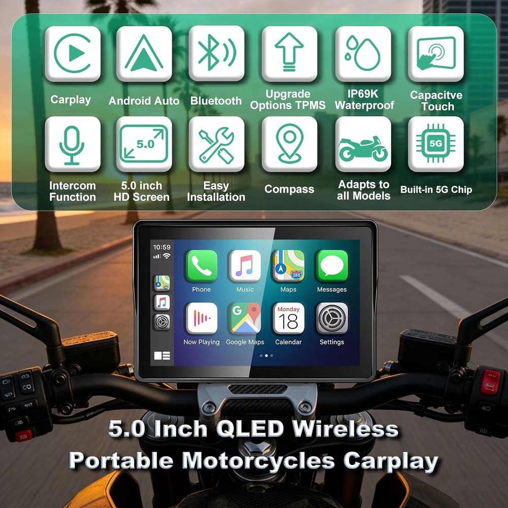 Waterproof Motorcycle GPS - 5-Inch Wireless CarPlay and Android Auto Ready