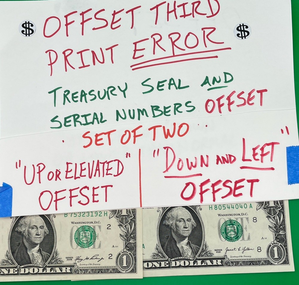 OFFSET THIRD PRINT ERROR Serial #’s & Treasury Seal MISALIGNED SET OF TWO 💵💵