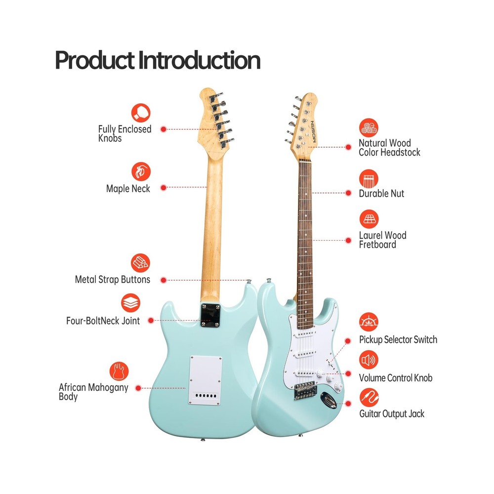 MOSEN MS-CS50 Full Size Beginner Electric Guitar, 39 Inch Solid Body & Maple ...