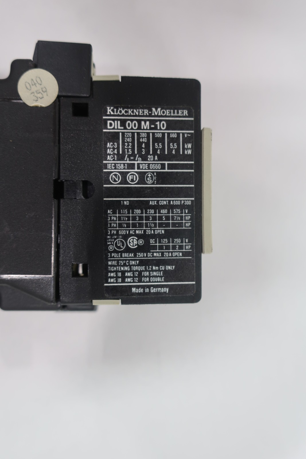 Klockner Moeller DIL-00 M-10 Contactor 20a 220-240v-ac