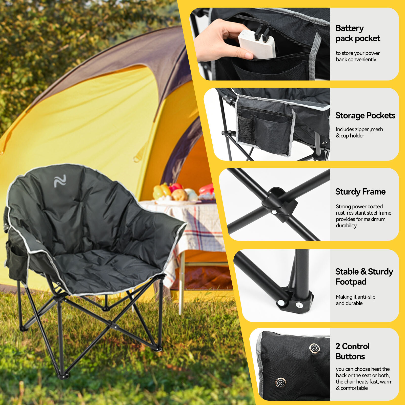 SLSY Oversized Heated Camping Chair Patio Lounge Chairs with 20000mAh Power Bank