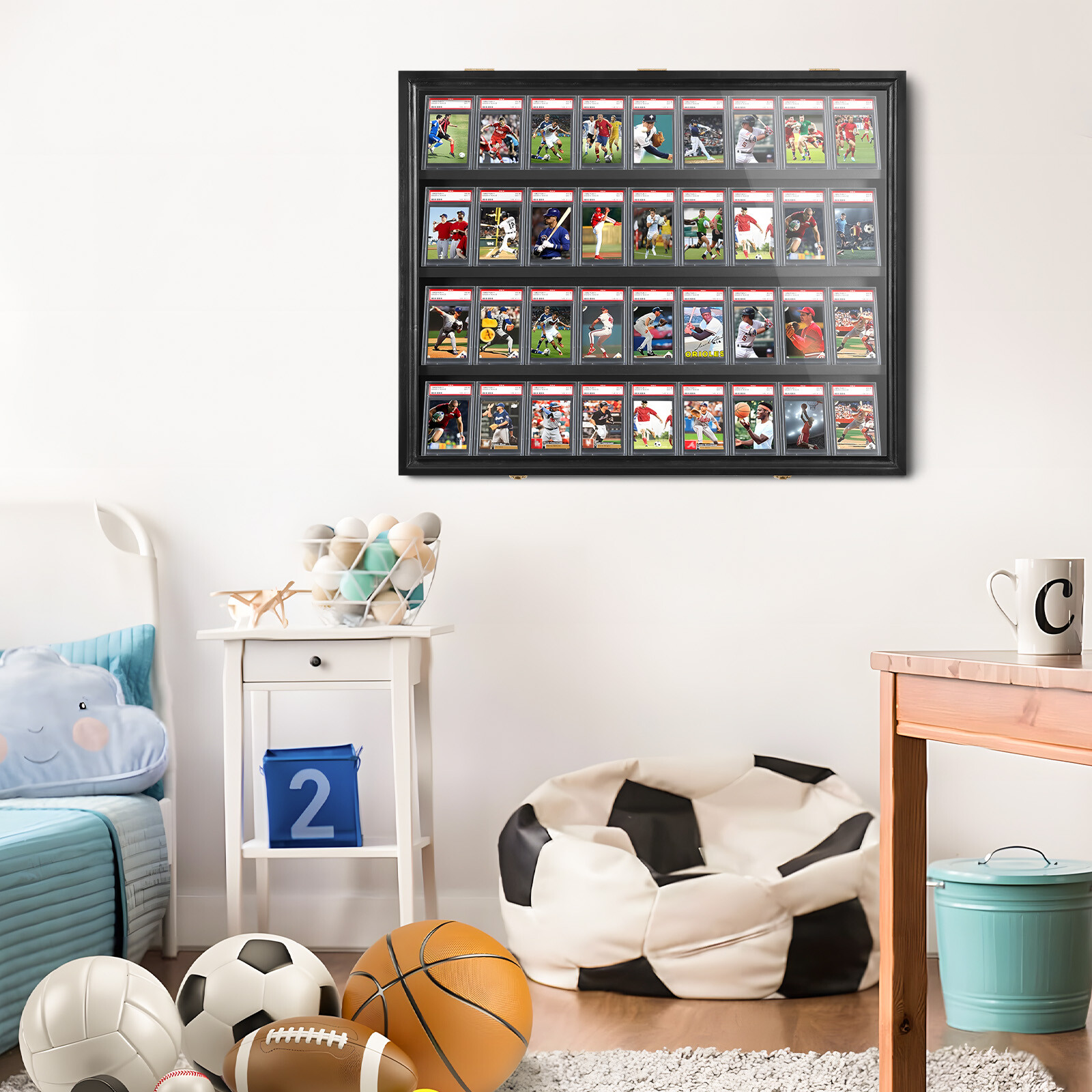 Graded Card Display Case 36 Slots Sports Card Wall Cabinet w/98% UV Acrylic Door