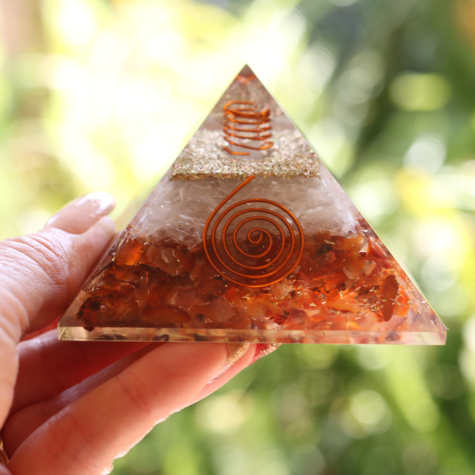 Natural Carnelian and Selenite Orgone Pyramid XL 75mm 3 inch EMF & 5G Protection