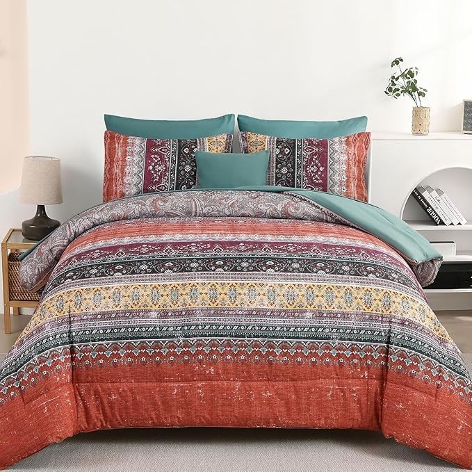 Boho Comforter Set Paisley Floral Striped Microfiber All Seasons 8-Pcs in a Bag
