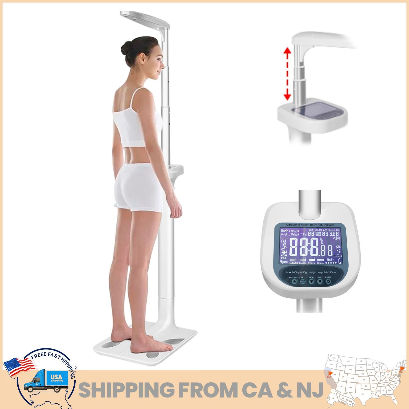 440 lb Ultrasonic Height and Weight Scale w/ LCD BMI Digital Physician Scale NEW