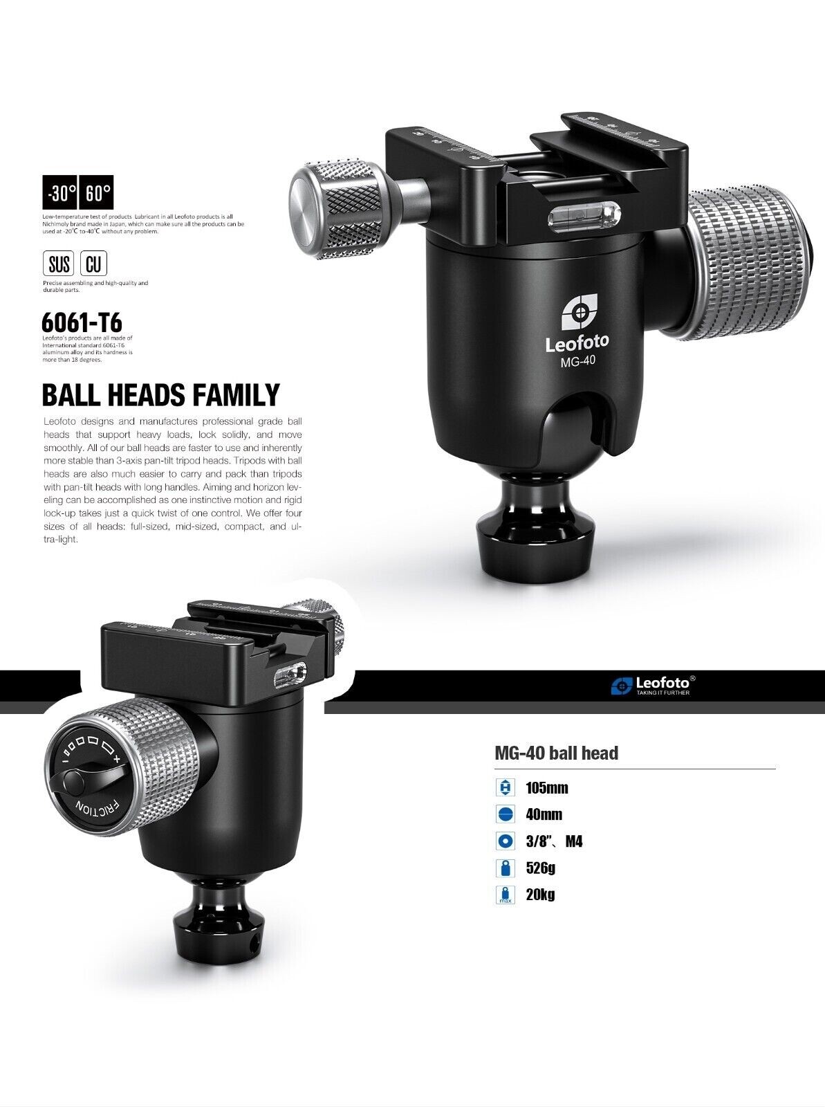 Leofoto MG-40 40mm Rifle Ball Head With Dual Arca / Picatinny Clamp