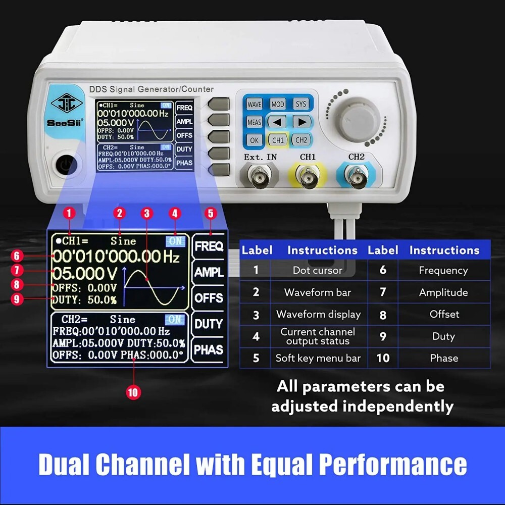2-Channel Function Arbitrary Waveform 60MHz Signal Generator Frequency Counter