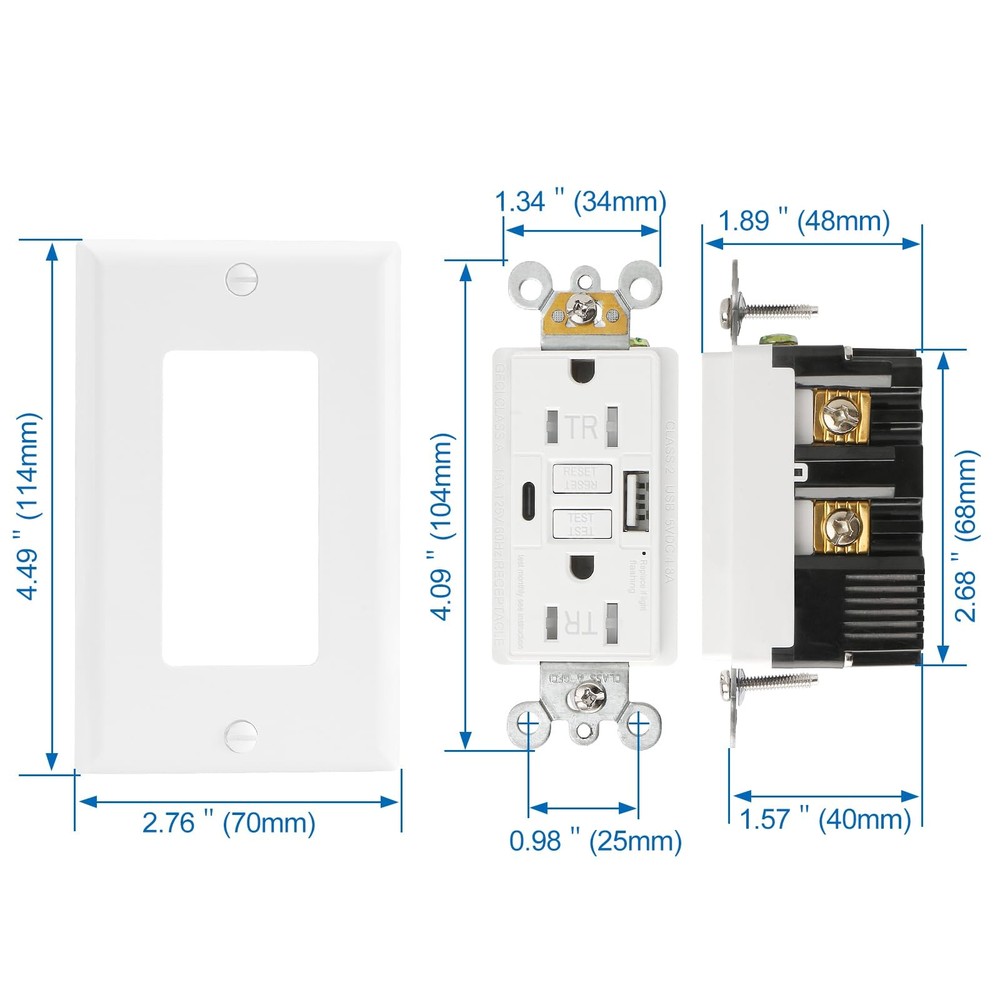 Self-Test GFCI Combination with USB Type A/C TR 15A 4.8A LED Indicator