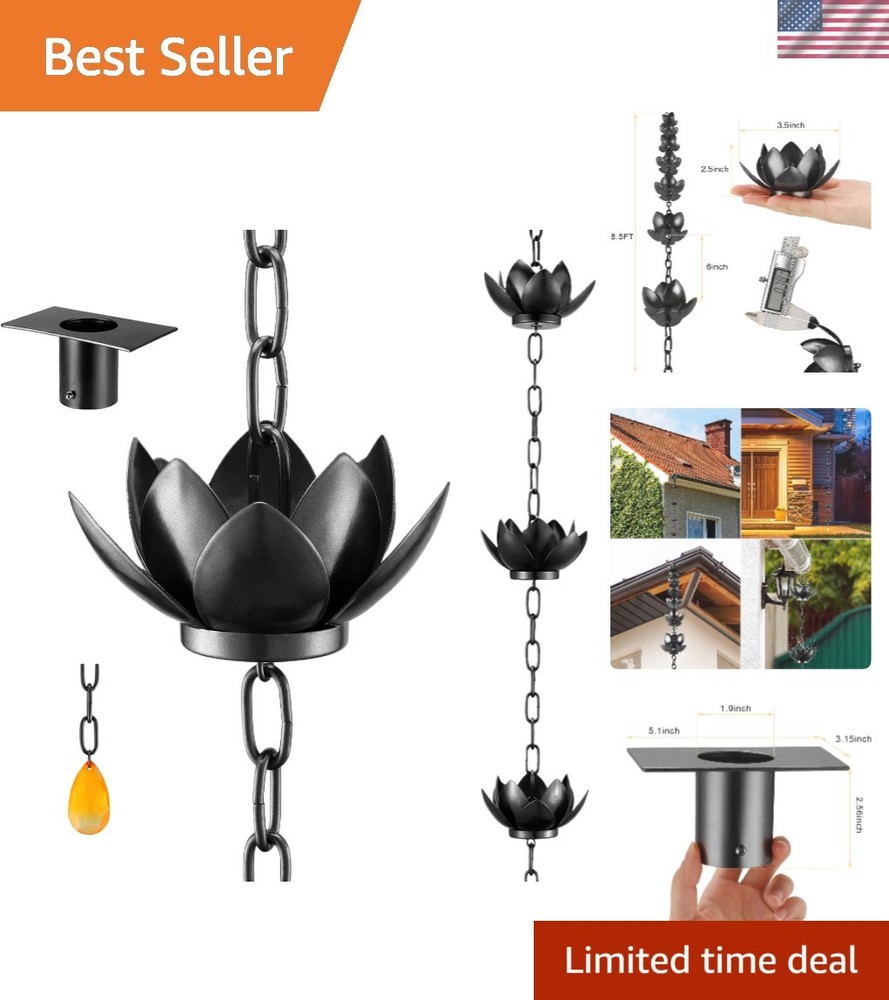 Charming Lotus Rain Catcher Chain 8.5ft - Adjustable Gutter Solution in Black