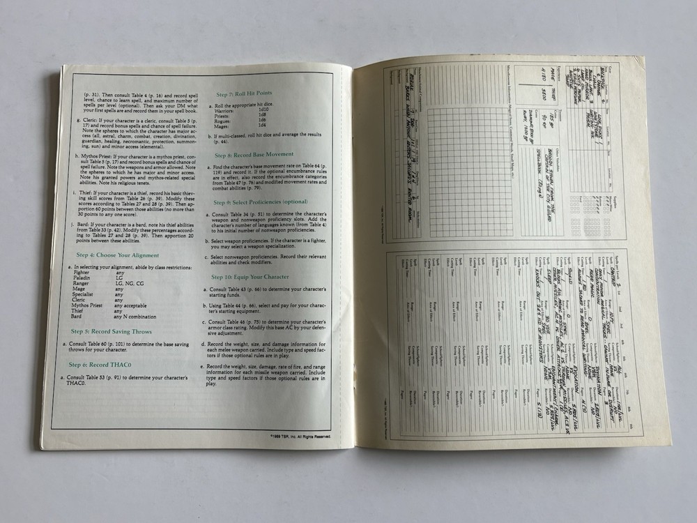 Advanced Dungeons and Dragons Character Record Sheets TSR 1989