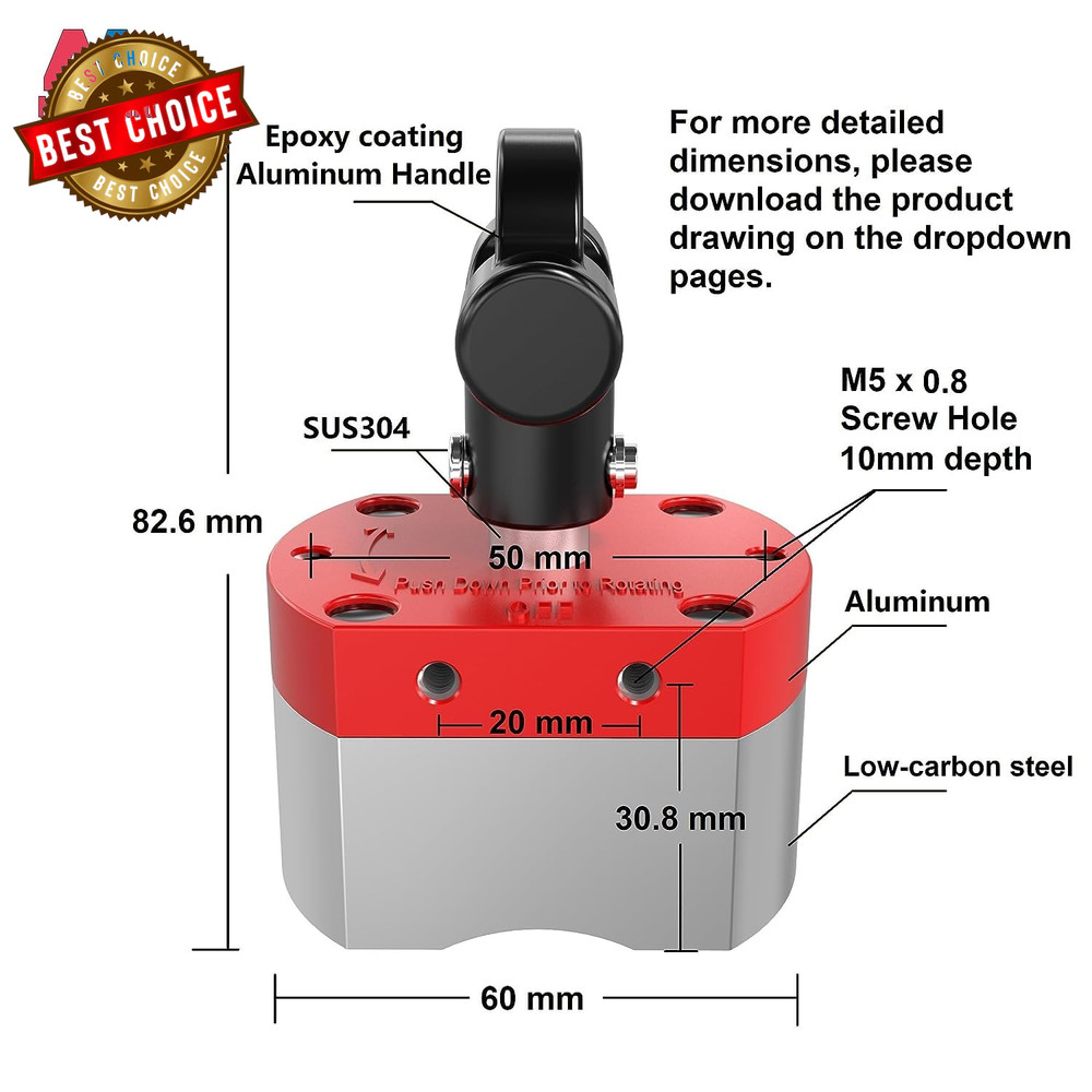 Multipurpose Switch Magnet, 220 LB Pull-Off Force Switchable Magnetic System, On