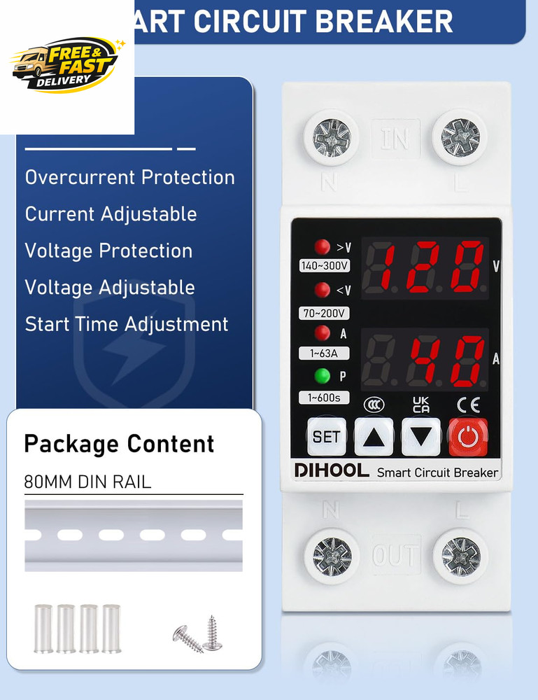 Adjustable Voltage Protector 110V 220V, Low/High Voltage Cutoff and Overcurrent