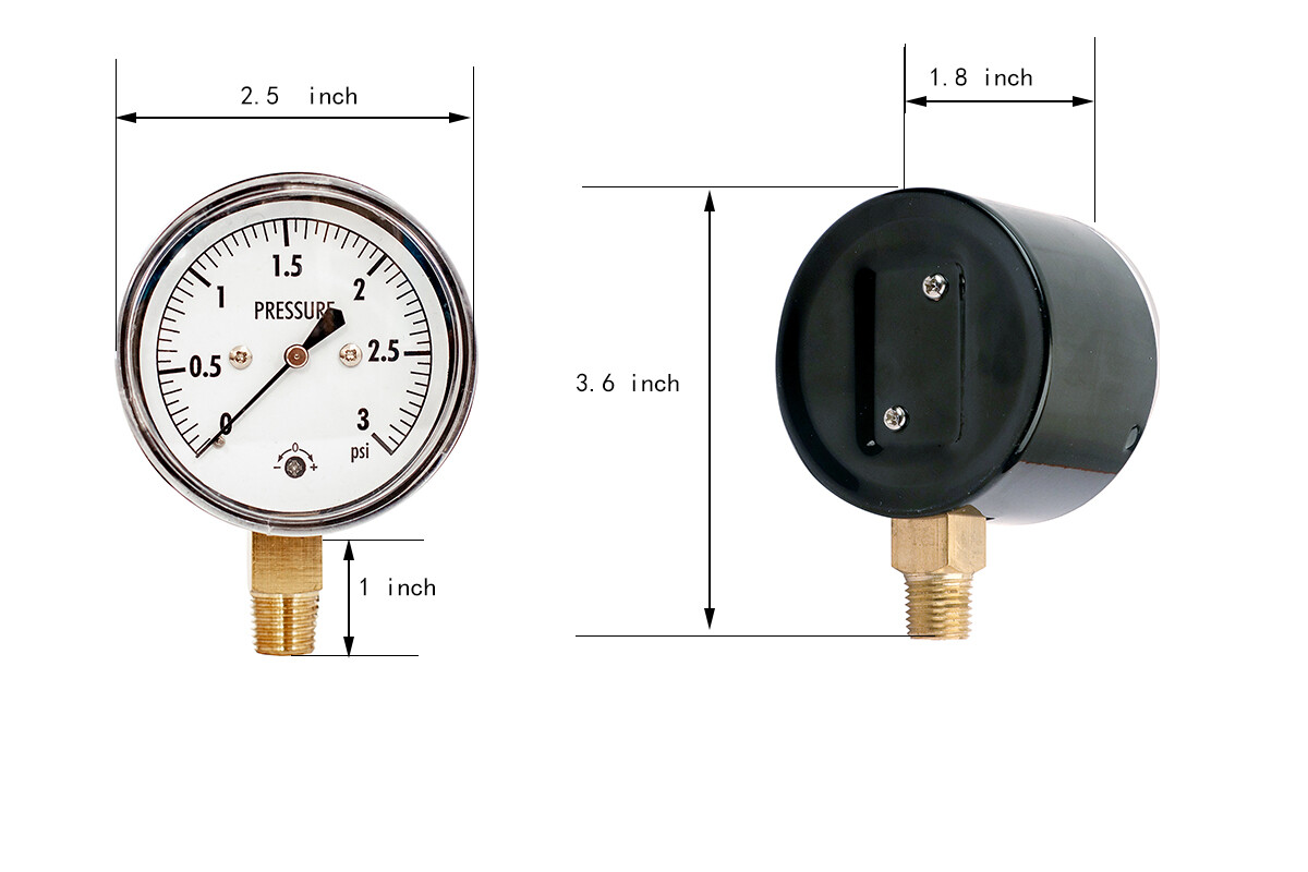 Low Capsule Pressure Gauge, 0-3 PSI,2-1/2" Face Dial, 1/4" NPT Lower Mount
