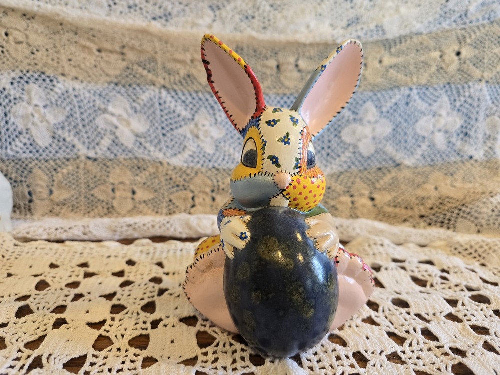Vintage Hand Painted Ceramic Mold Easter Bunny Rabbit Patchwork 1977 6.5"