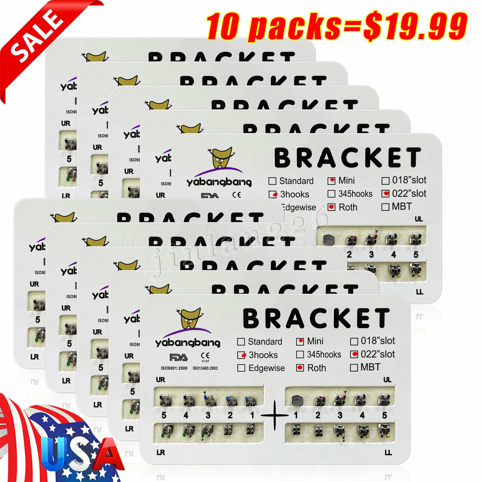 10 Packs Dental Orthodontic Brackets Braces Mini Roth 022 Slot 3 hooks #3 USA CE