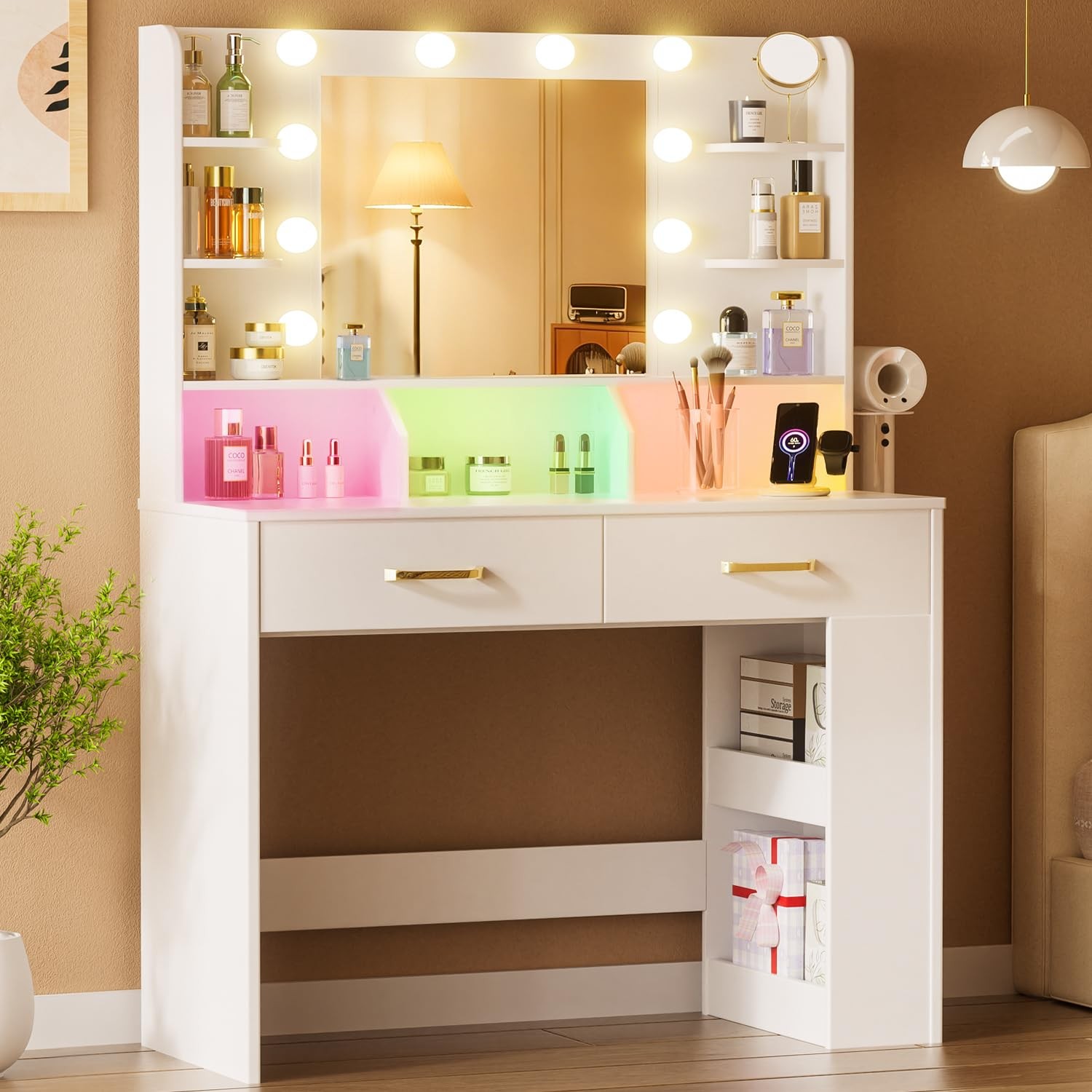 Vanity Desk with Lighted Mirror and Power Outlet, RGB LED Lights Makeup Vanit...