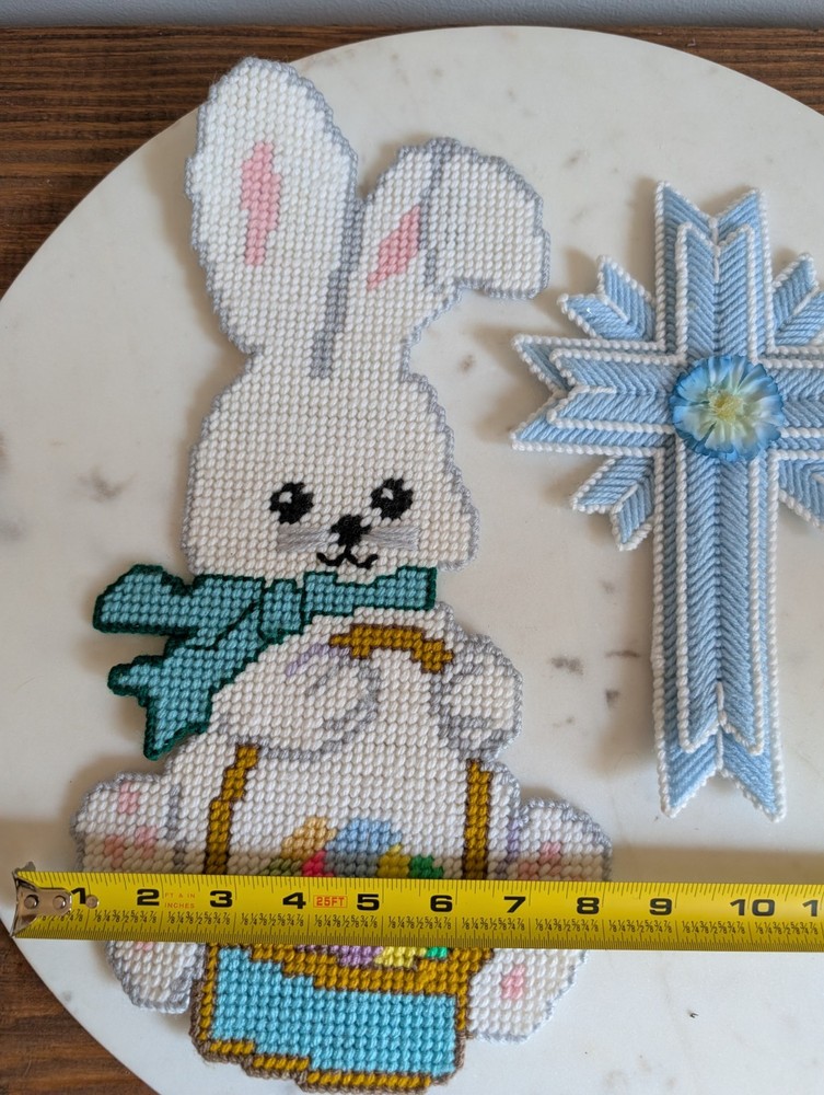 Vintage Handmade Needlepoint Easter Bunny & Cross Magnet Set Craft Spring Decor
