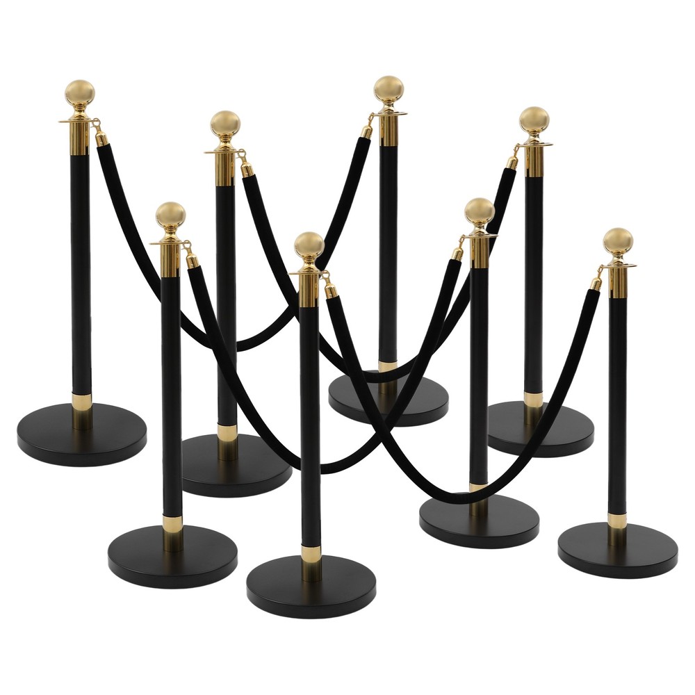 8PCS Stainless Stanchion Posts w/ 4 Ropes Golden Top Crowd Control Queue Barrier