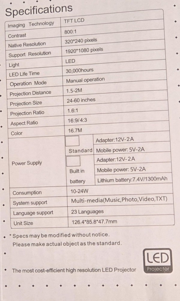 LED 1920 Lumens Mini Portable Projector 1080p HDMI