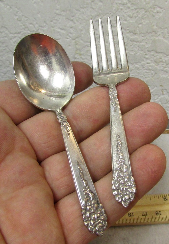vintage King Edward silver plate youth child kid fork & spoon set, cute decor
