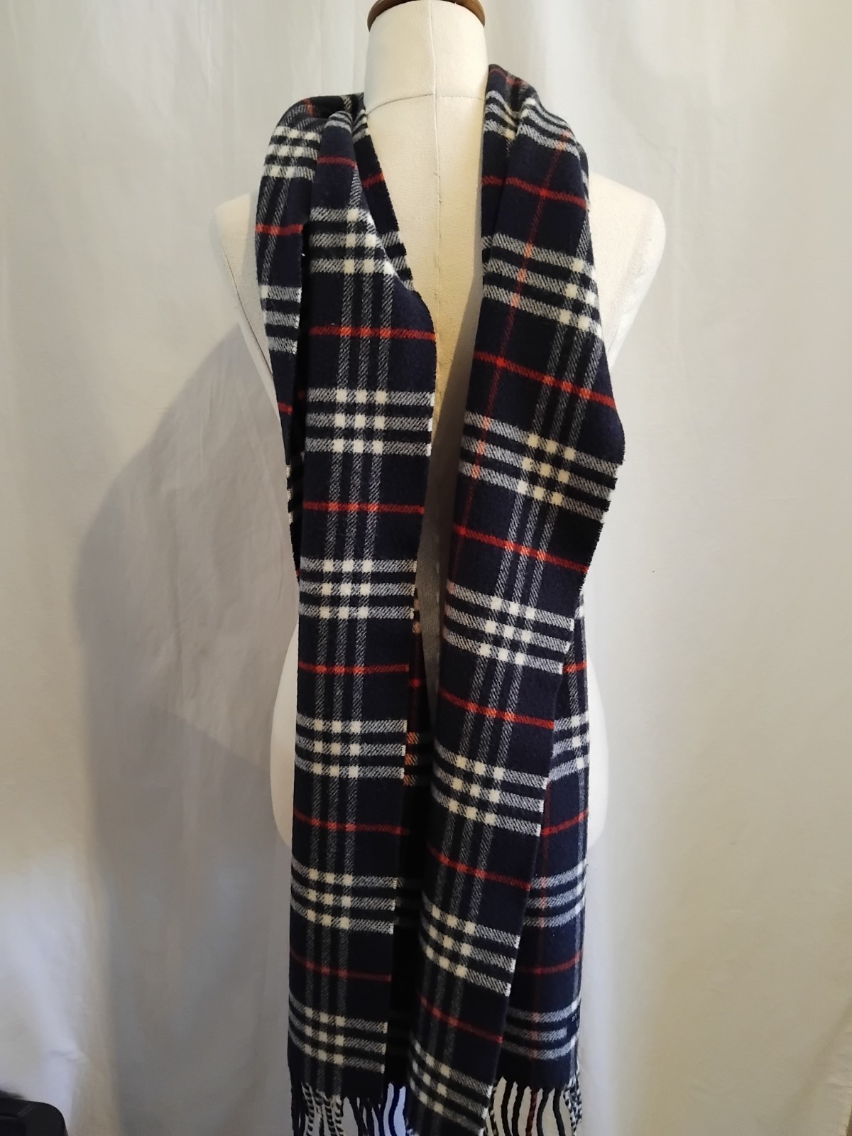 Vintage Burberry Blue Nova Check Wool Scarf 180cm X 30cm
