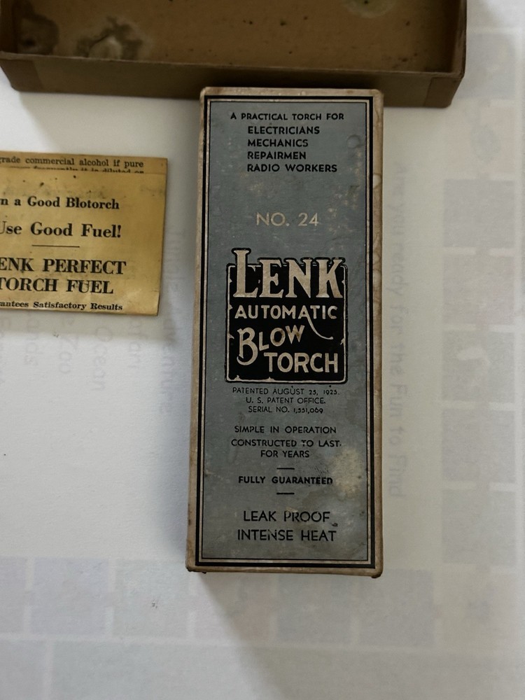ANTIQUE LENK BRASS AUTOMATIC BLOW TORCH NO. 24 WITH BOX & INSTRUCTIONS -UNTESTED